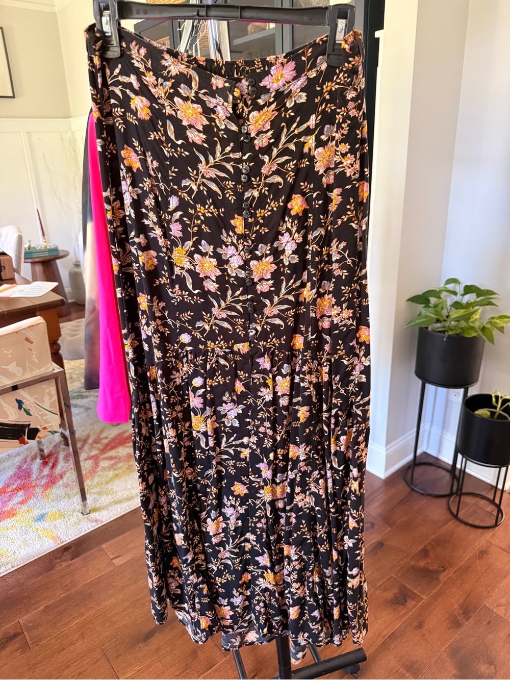 American Eagle Outfitters Black Floral Button-Front Maxi Skirt